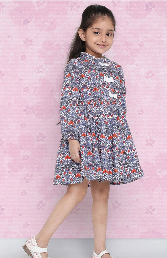Girls Purple Floral Printed Cotton A-Line Dress Indo-Silae