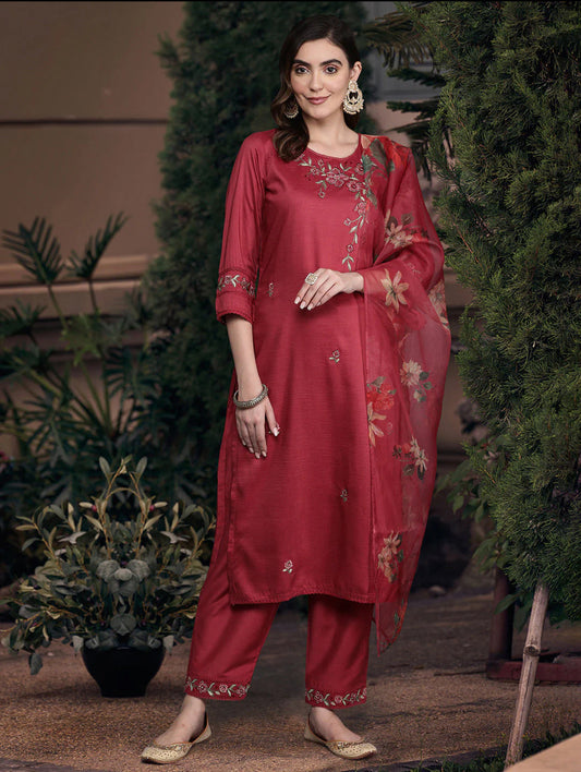 Maroon Floral Embroidered Thread Work Kurta with Trousers & Dupatta Silae: Shop Ethnic & Western Wear for Women