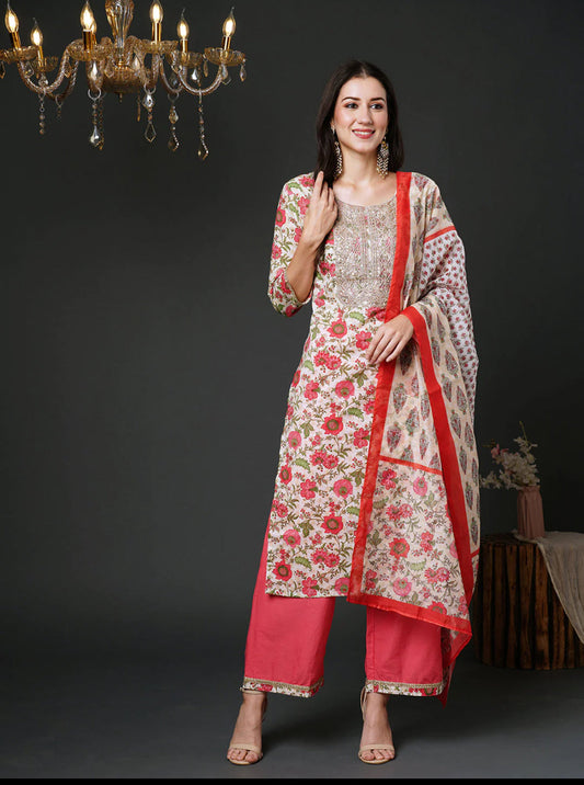 Off White Embroidered Straight Kurta Palazzos With Dupatta Set Indo-Silae