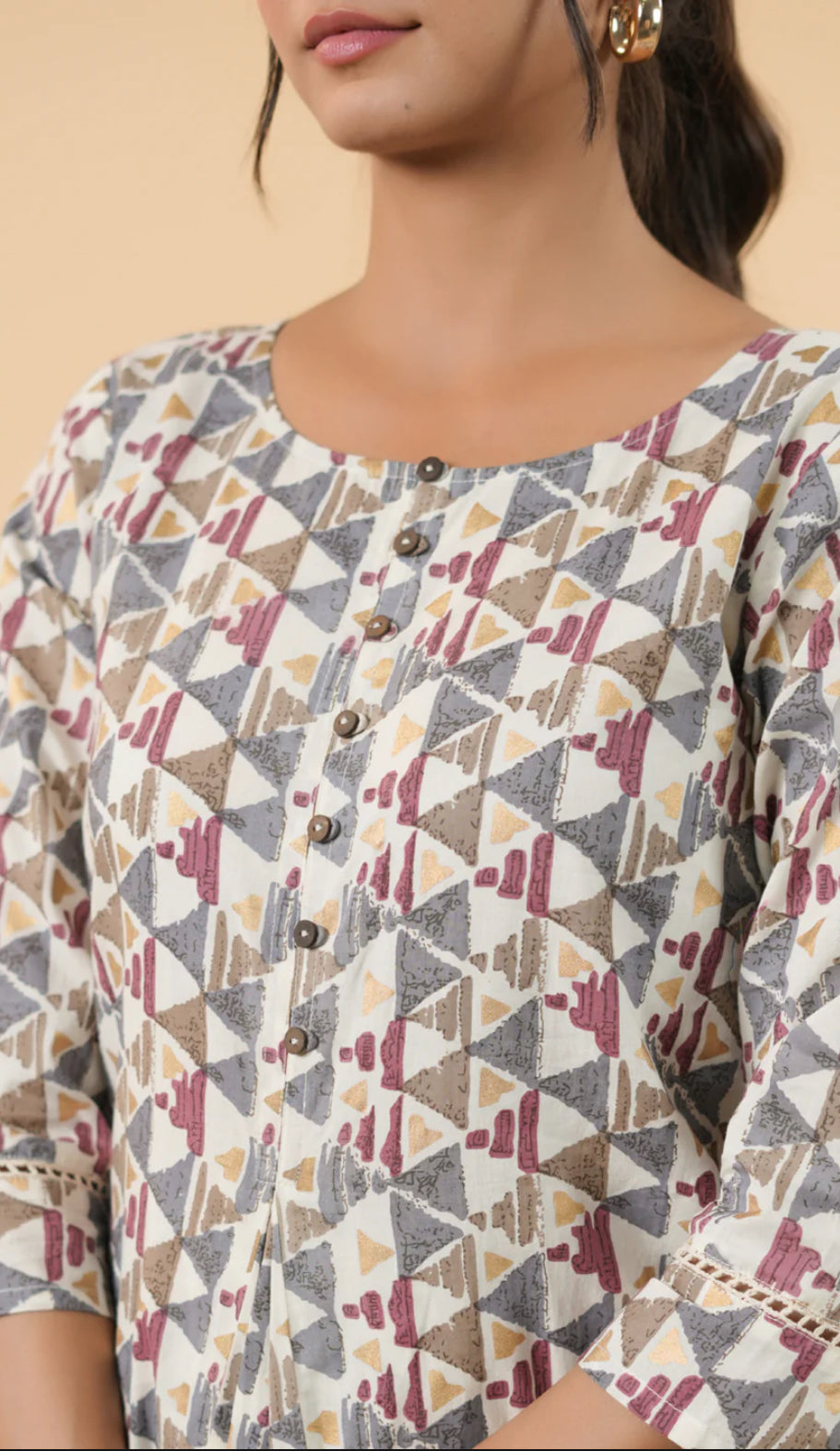 Off White Cotton Geometric Regular Tunic
