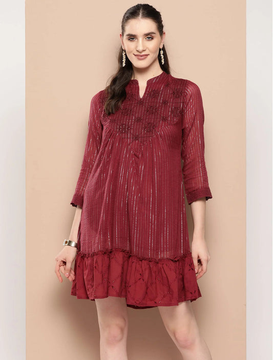Maroon Embroidered A-line Dresses Indo-Silae