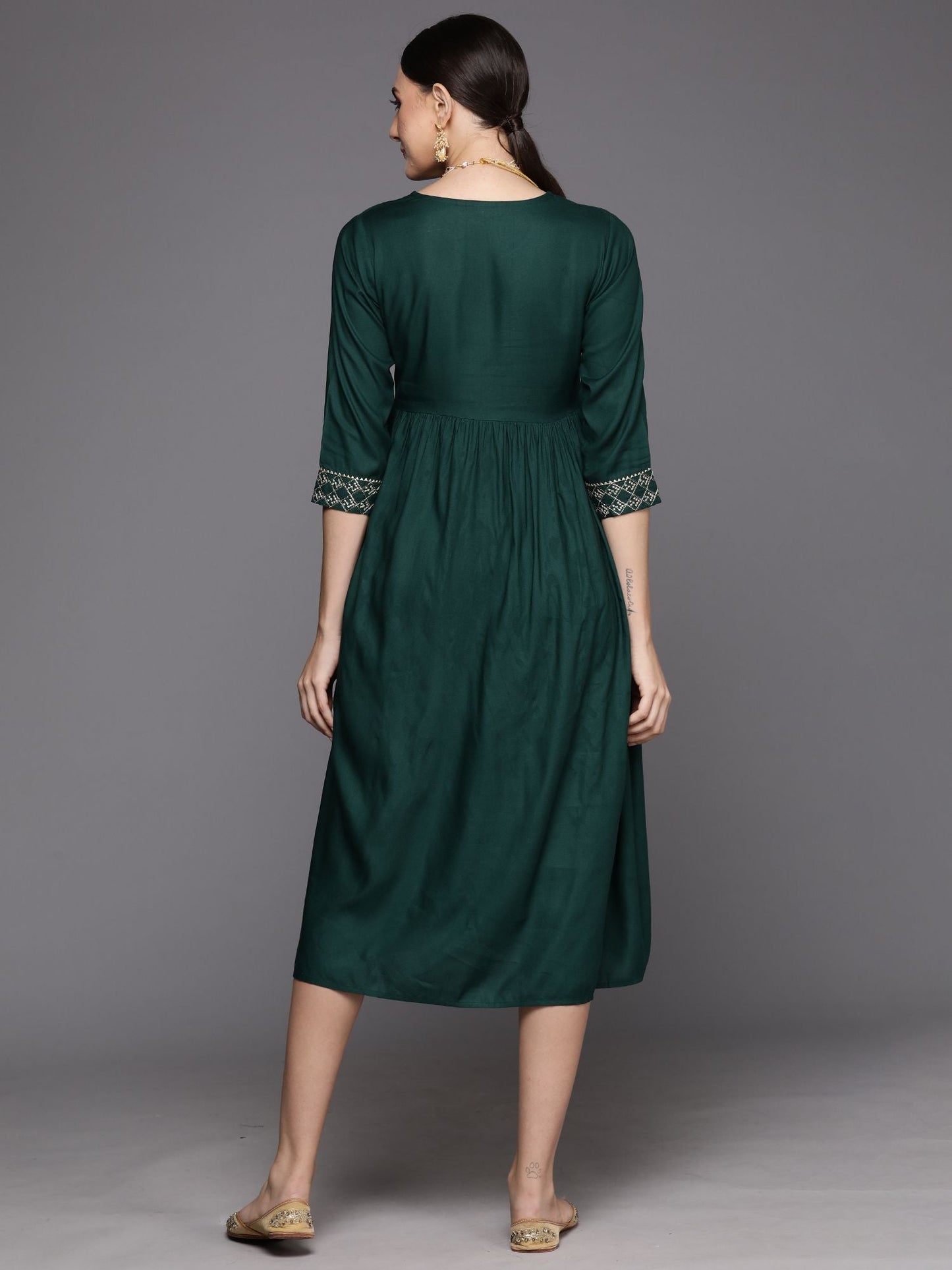 Green Embroidered A-Line Ethnic Dress Indo-Silae