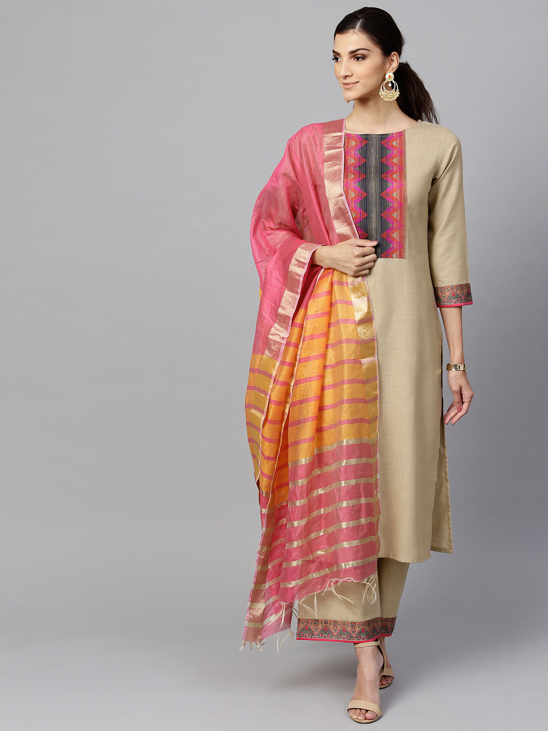 Indo Era Beige Solid Straight Kurta Sets