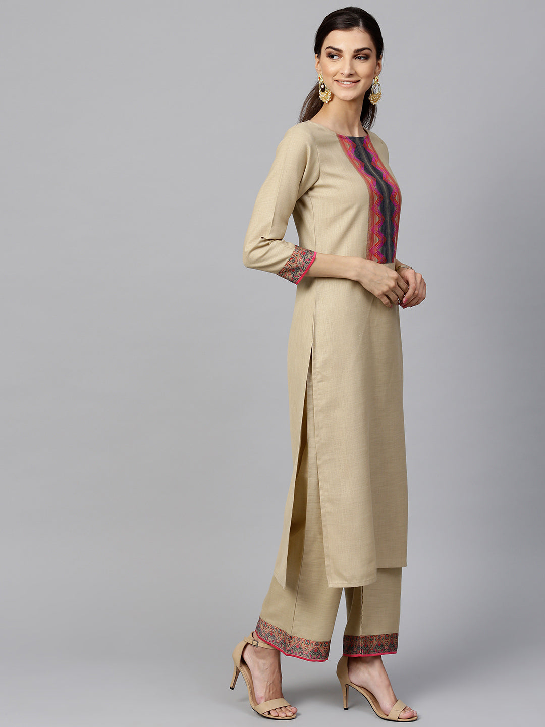 Indo Era Beige Solid Straight Kurta Sets