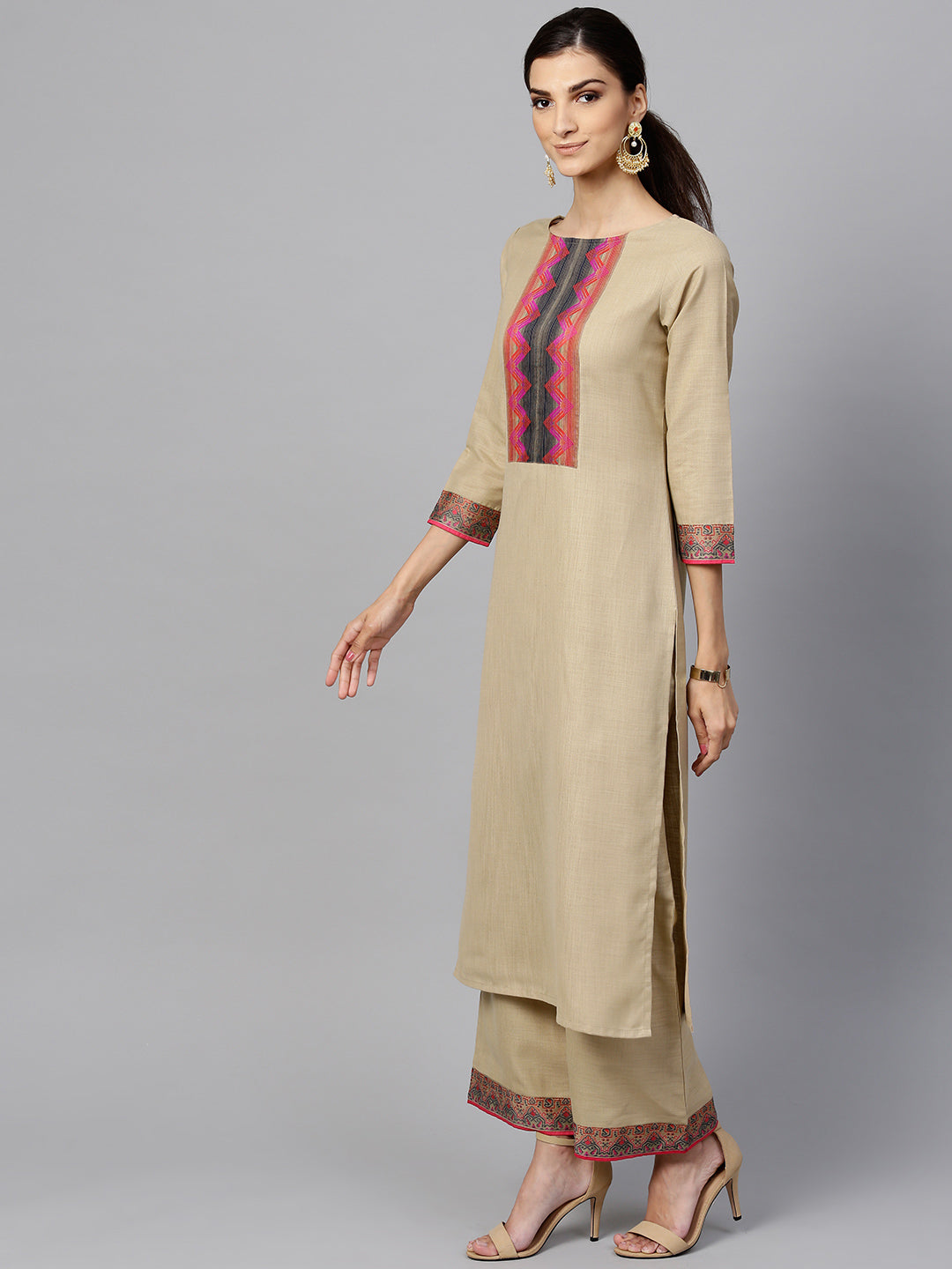 Indo Era Beige Solid Straight Kurta Sets