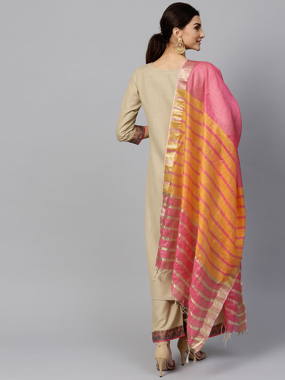 Indo Era Beige Solid Straight Kurta Sets