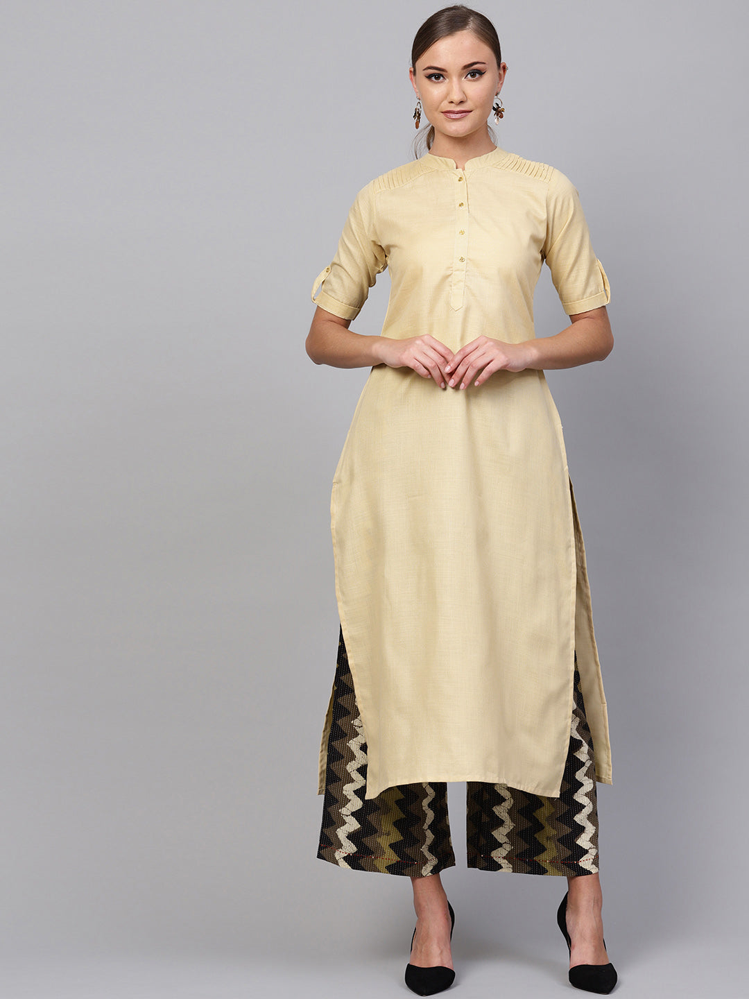 Indo Era Beige Solid Straight Kurta