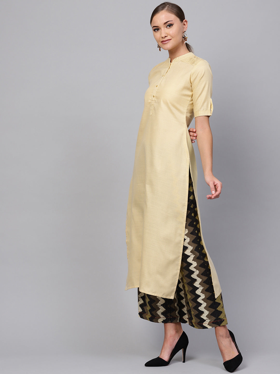 Indo Era Beige Solid Straight Kurta