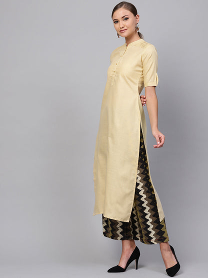 Indo Era Beige Solid Straight Kurta
