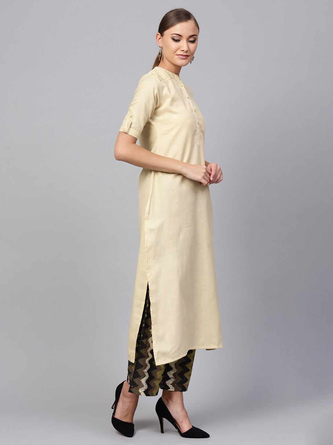 Indo Era Beige Solid Straight Kurta