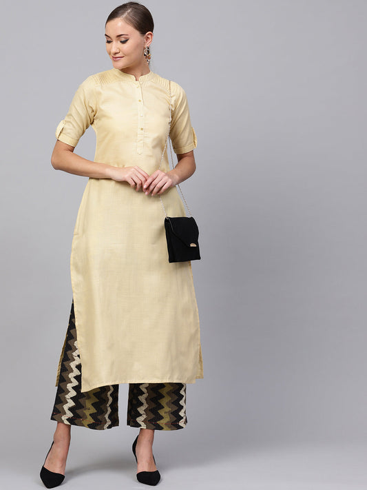 Indo Era Beige Solid Straight Kurta