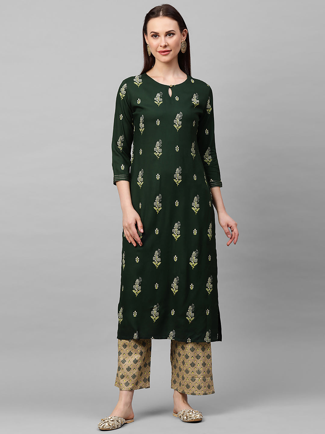 Indo Era Green Foil Printed Straight Kurta with Palazzo Sets
