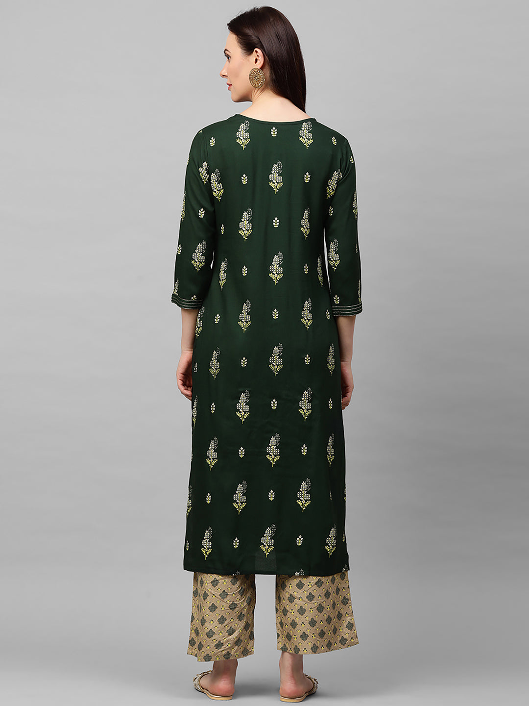 Indo Era Green Foil Printed Straight Kurta with Palazzo Sets