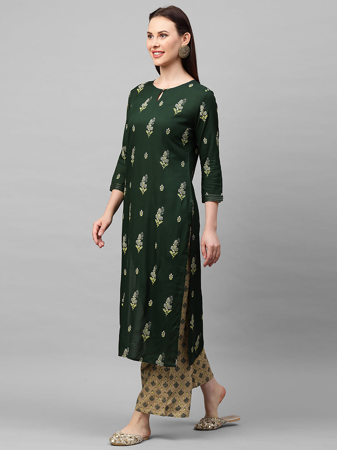 Indo Era Green Foil Printed Straight Kurta with Palazzo Sets