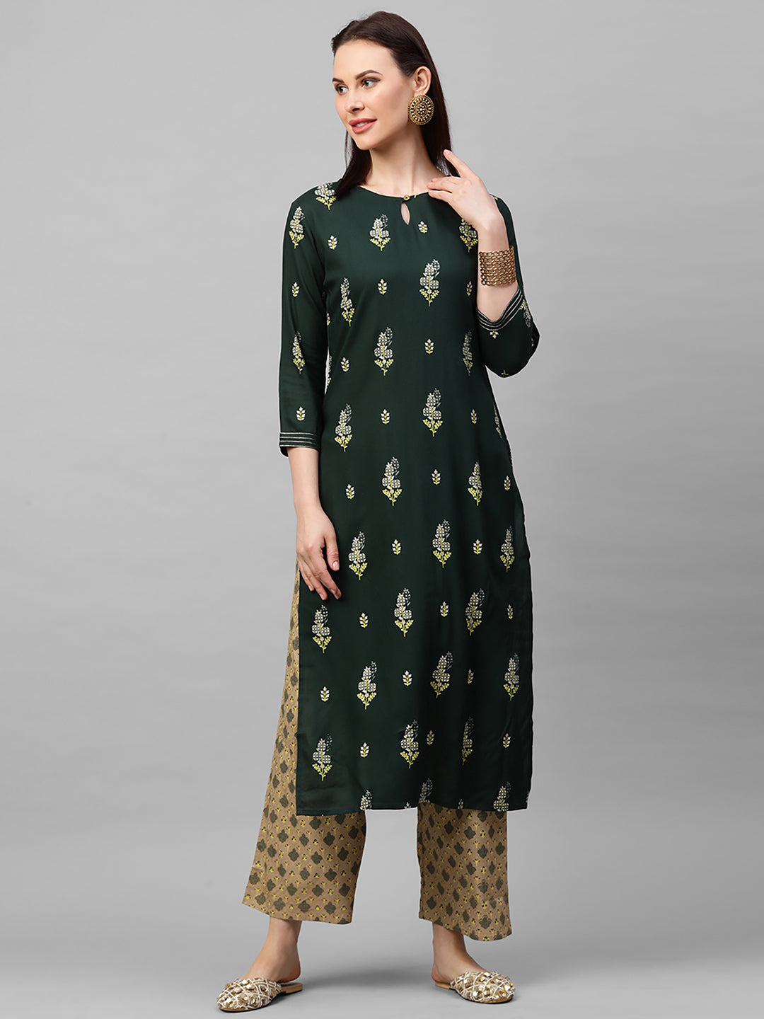Indo Era Green Foil Printed Straight Kurta with Palazzo Sets