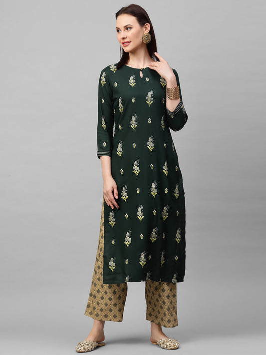 Indo Era Green Foil Printed Straight Kurta with Palazzo Sets