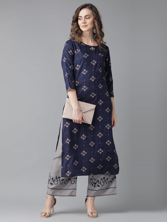 Indo Era Blue Printed Straight Kurtas