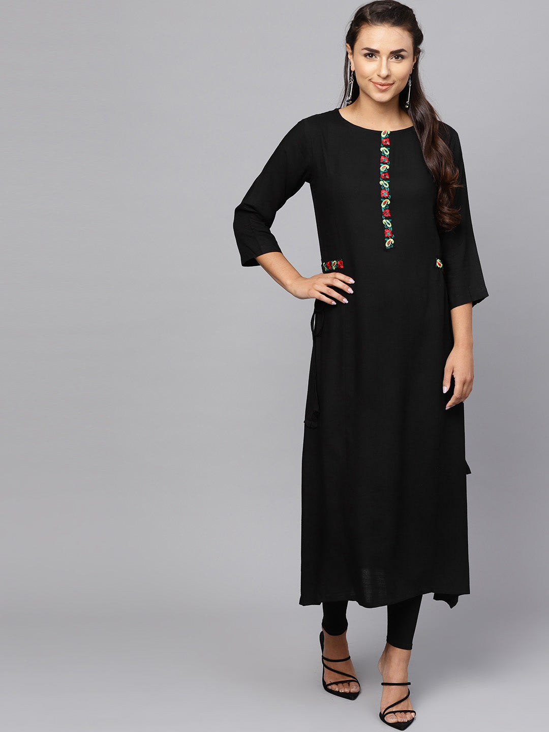 Indo Era Black Embroidered A-Line Kurta