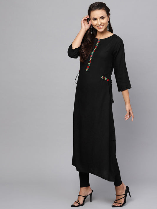 Indo Era Black Embroidered A-Line Kurta