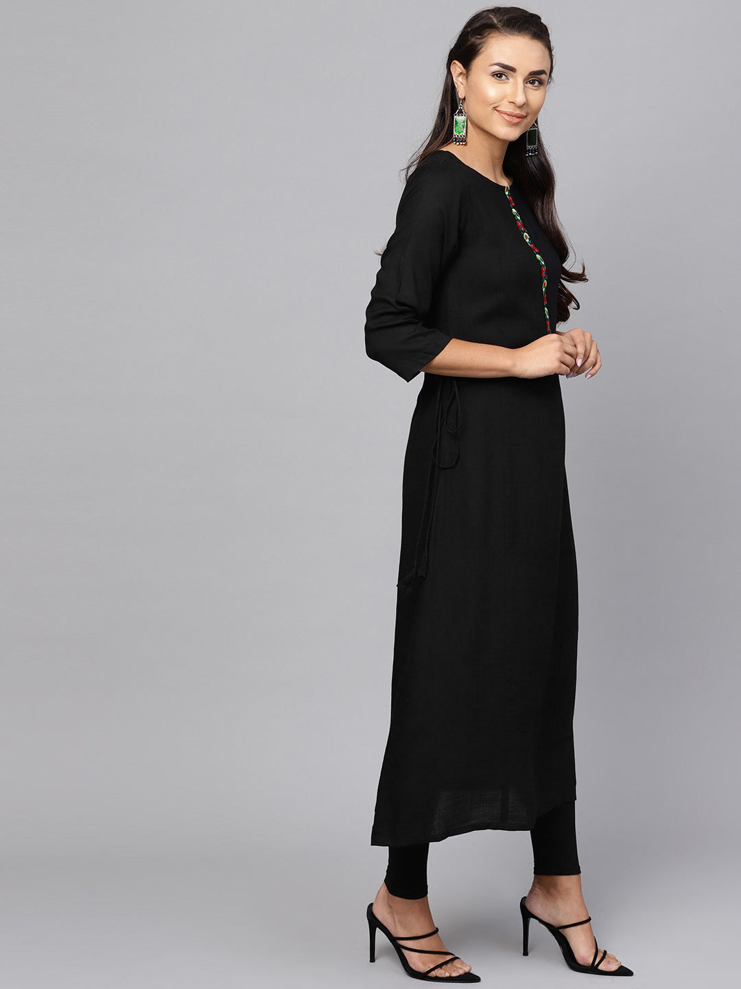Indo Era Black Embroidered A-Line Kurta