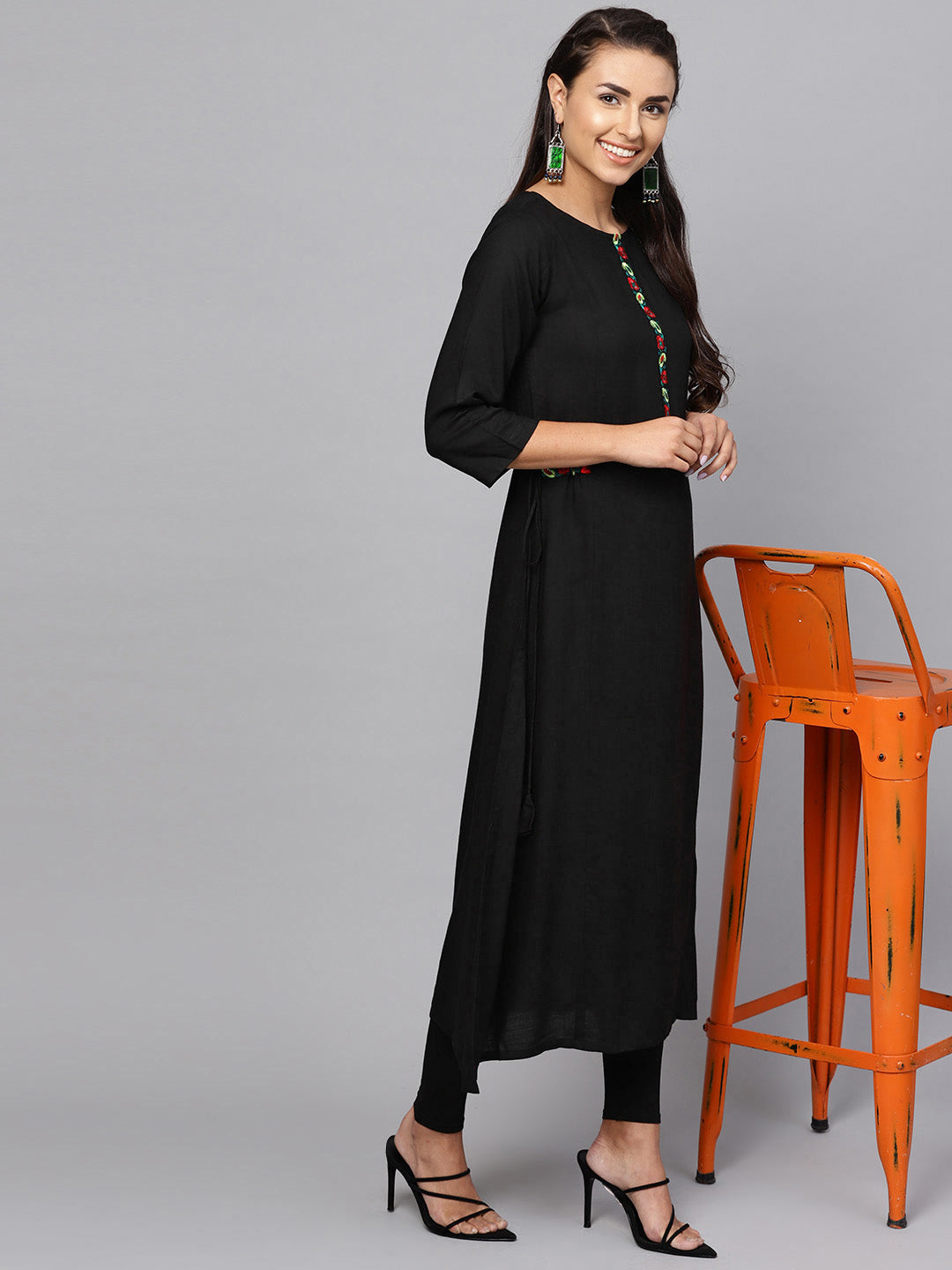 Indo Era Black Embroidered A-Line Kurta