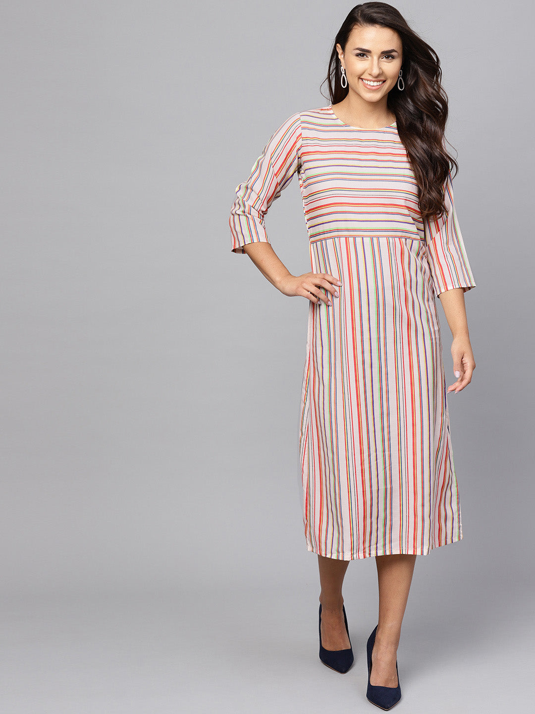 Indo Era Cream Striped A-Line Dresses