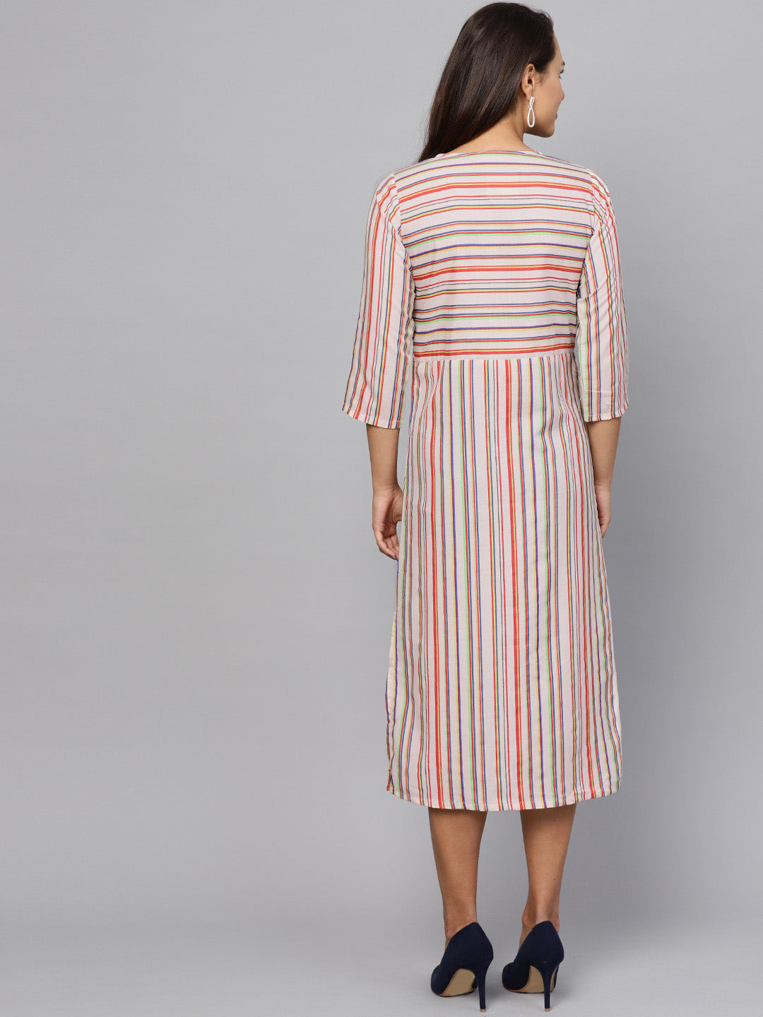 Indo Era Cream Striped A-Line Dresses