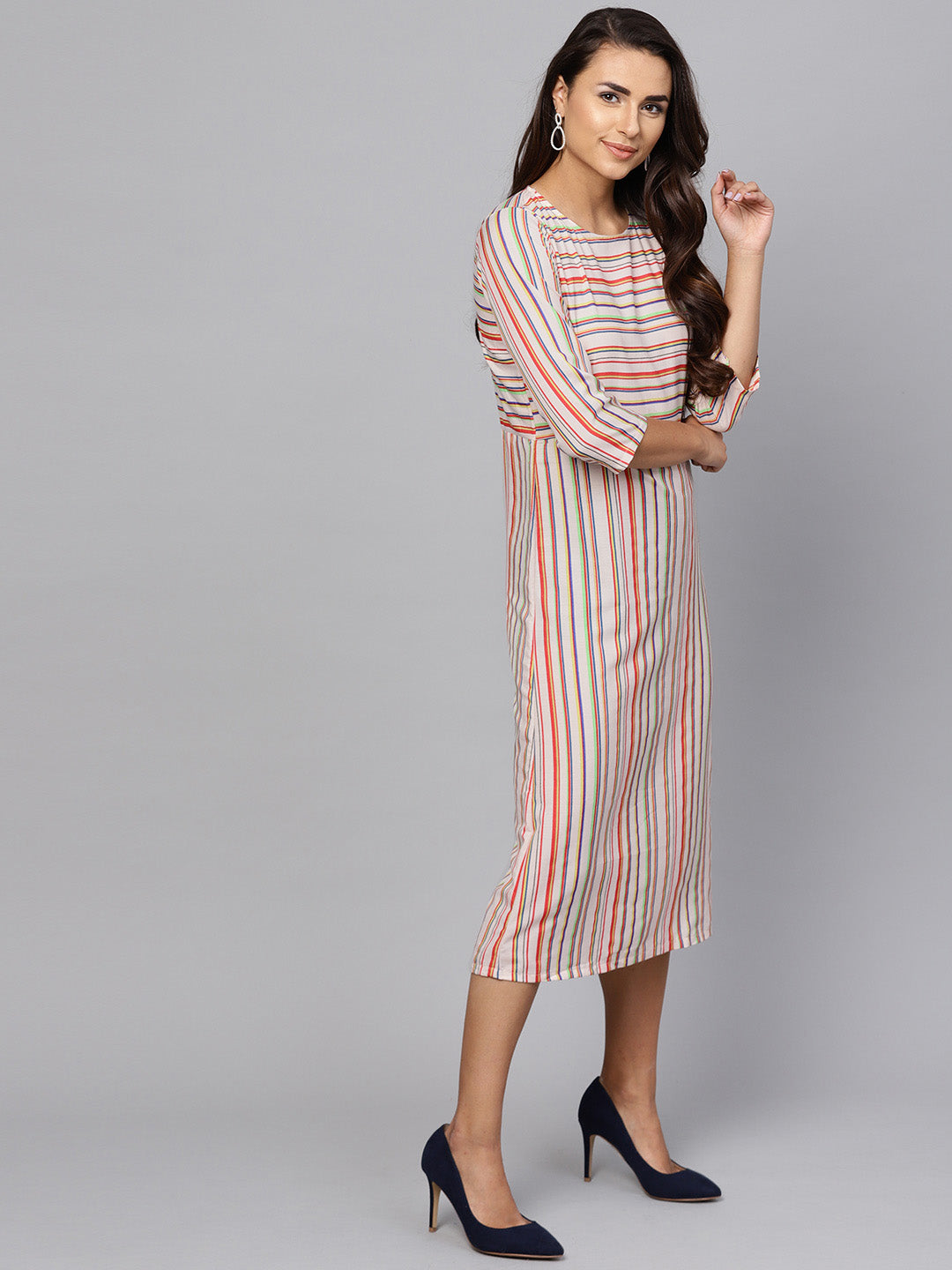 Indo Era Cream Striped A-Line Dresses
