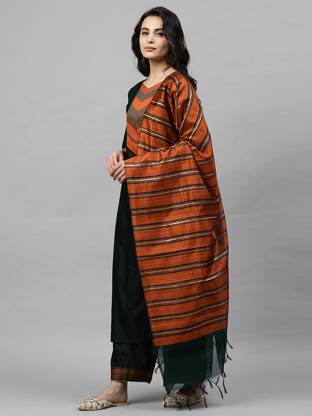 Indo Era Green Solid Straight Kurta Palazzo with Dupatta Sets