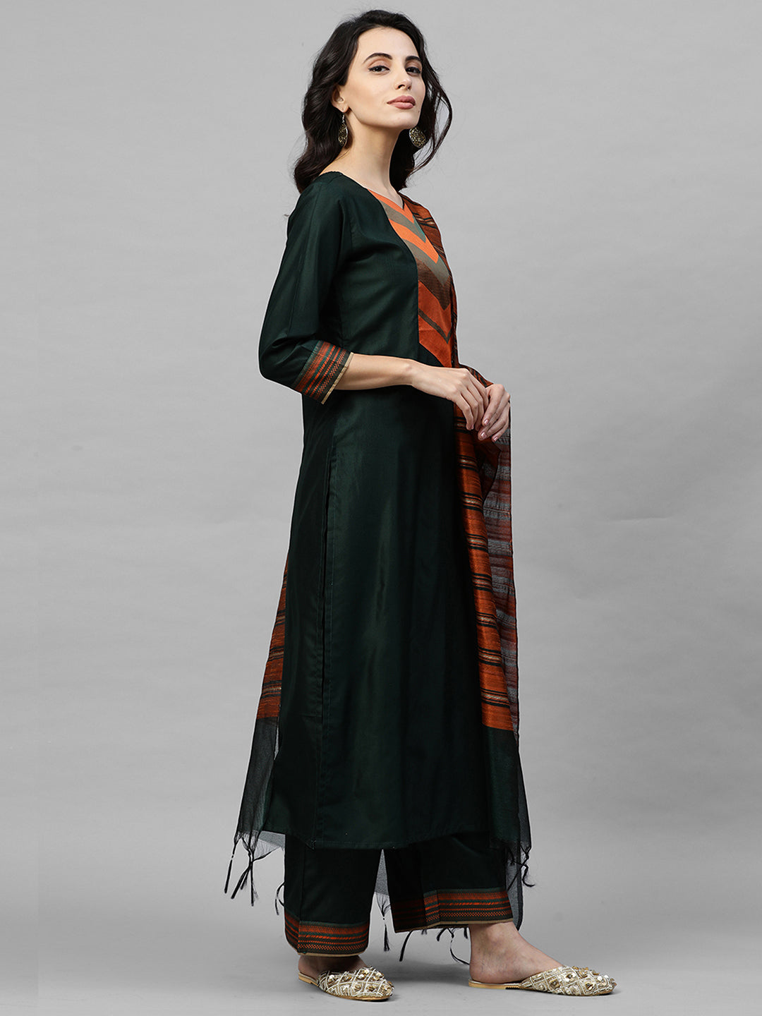 Indo Era Green Solid Straight Kurta Palazzo with Dupatta Sets