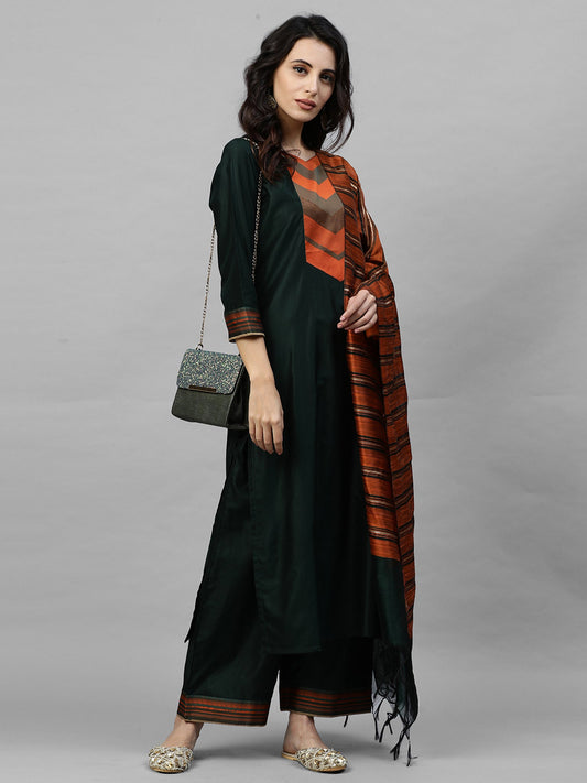 Indo Era Green Solid Straight Kurta Palazzo with Dupatta Sets