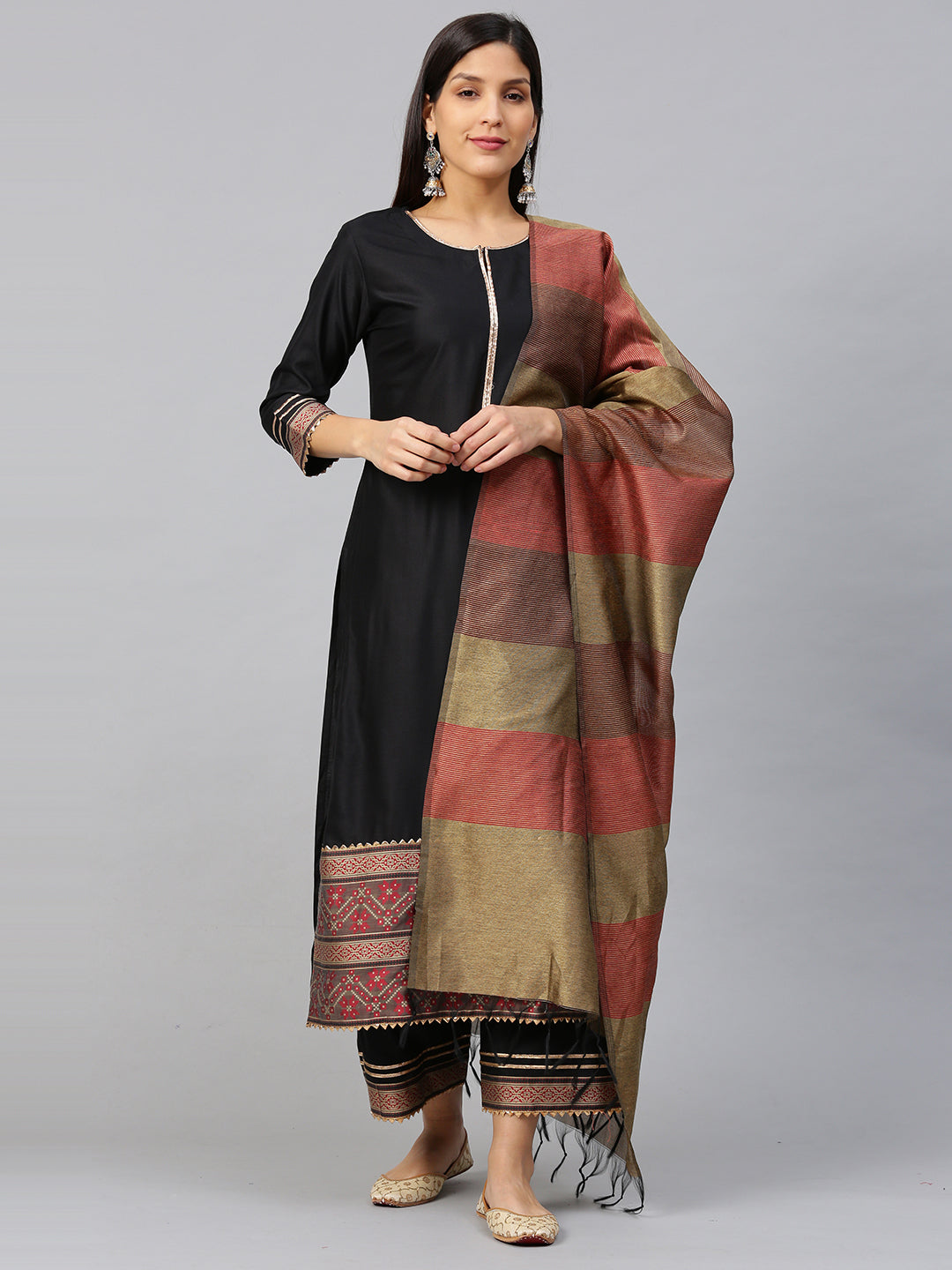 Black Solid Straight Kurta Palazzo with Dupatta Sets