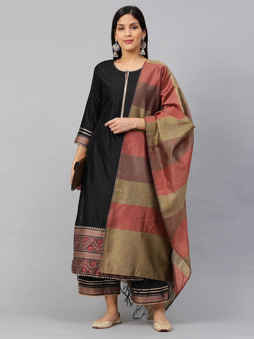 Black Solid Straight Kurta Palazzo with Dupatta Sets