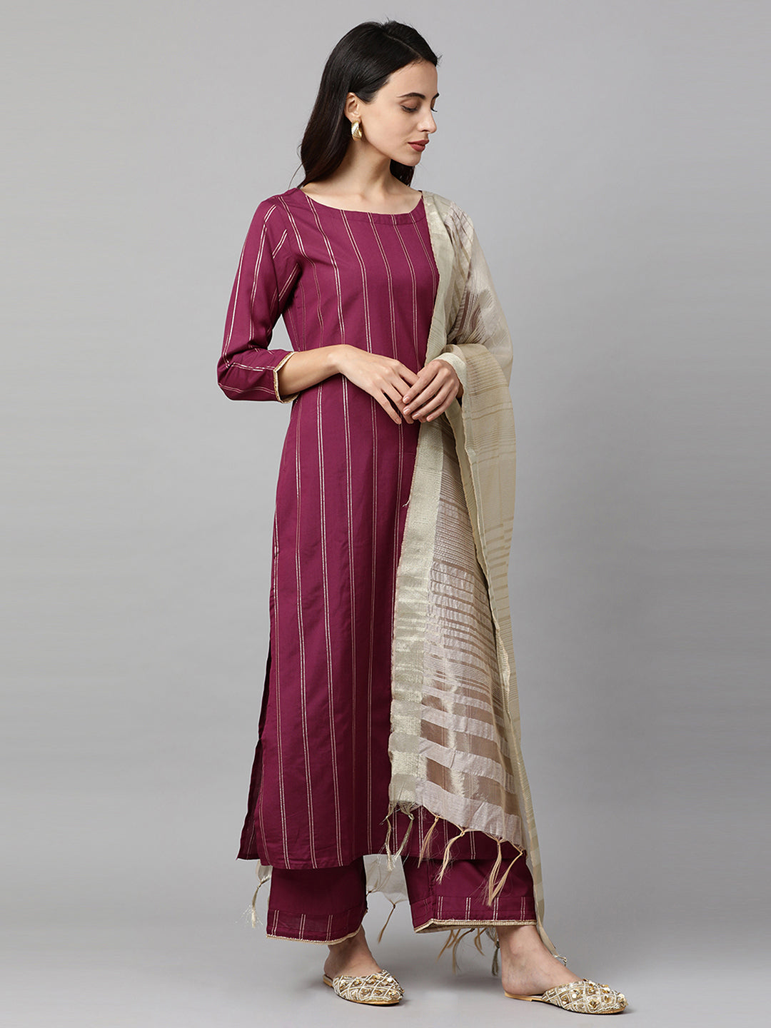 Magenta Solid Straight Kurta Palazzo withDupatta Sets