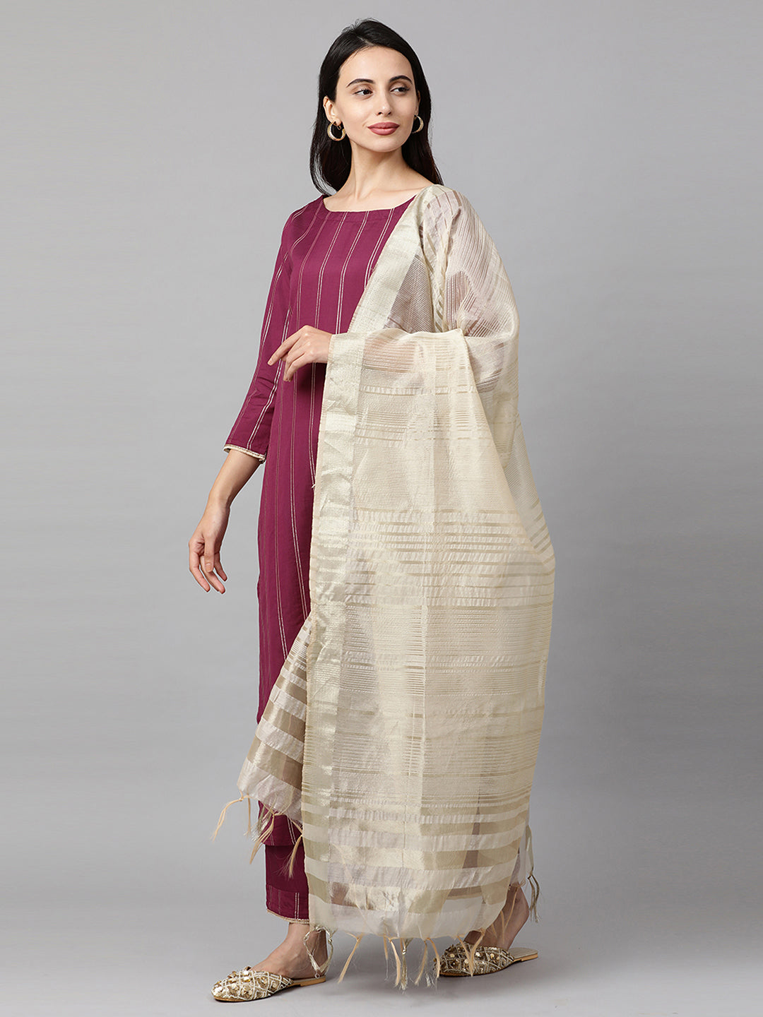 Magenta Solid Straight Kurta Palazzo withDupatta Sets