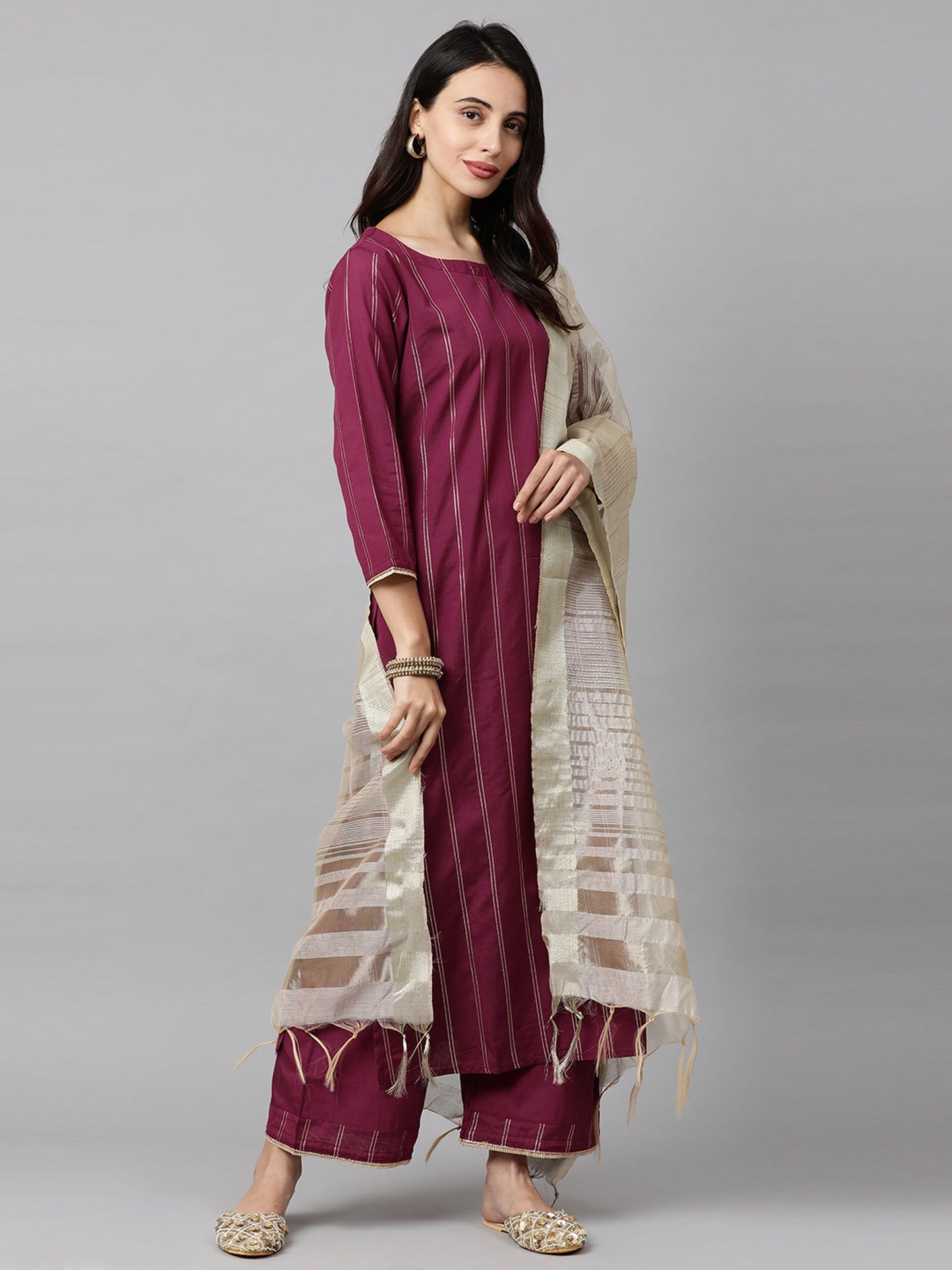 Magenta Solid Straight Kurta Palazzo withDupatta Sets