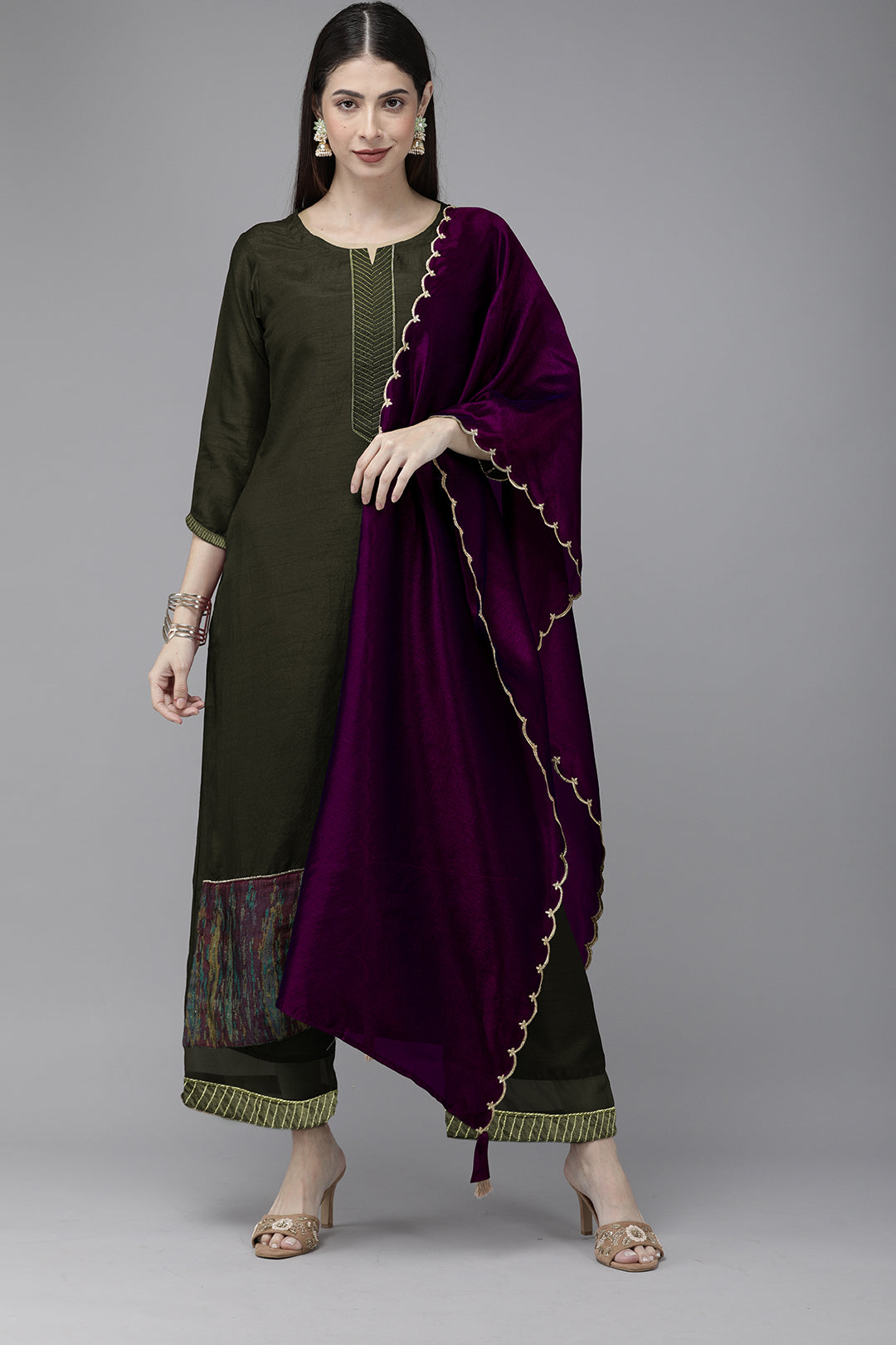 Indo Era Green Solid Straight Kurta Palazzo with Dupatta Sets