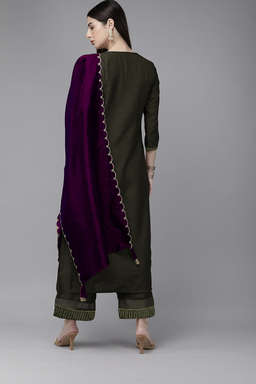 Indo Era Green Solid Straight Kurta Palazzo with Dupatta Sets