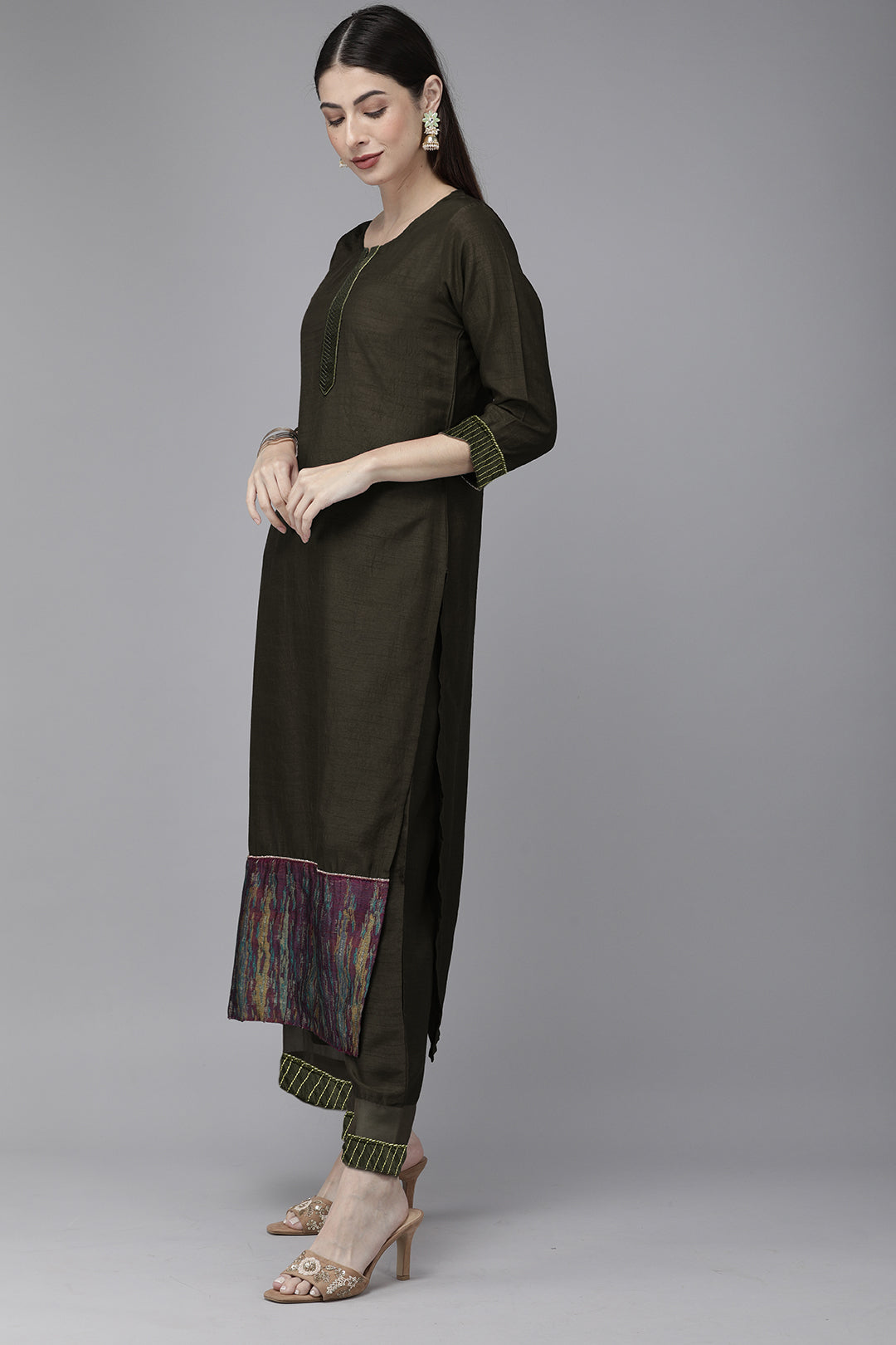 Indo Era Green Solid Straight Kurta Palazzo with Dupatta Sets