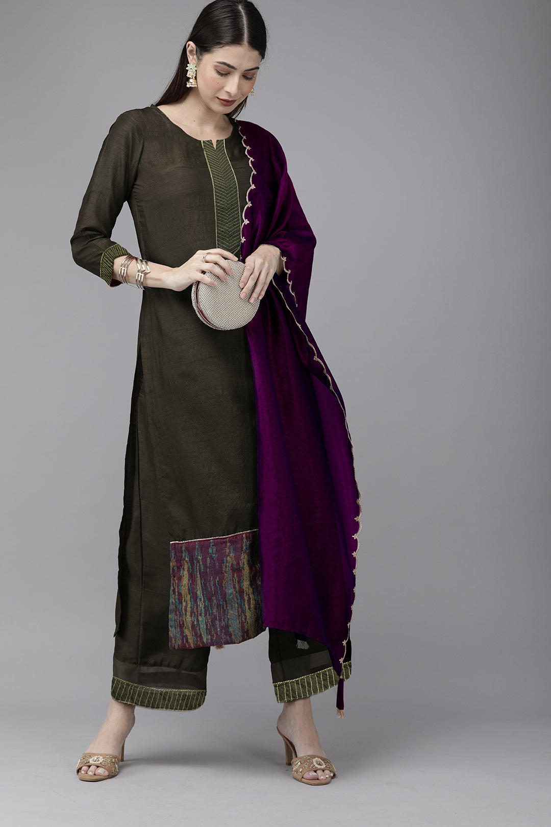 Indo Era Green Solid Straight Kurta Palazzo with Dupatta Sets