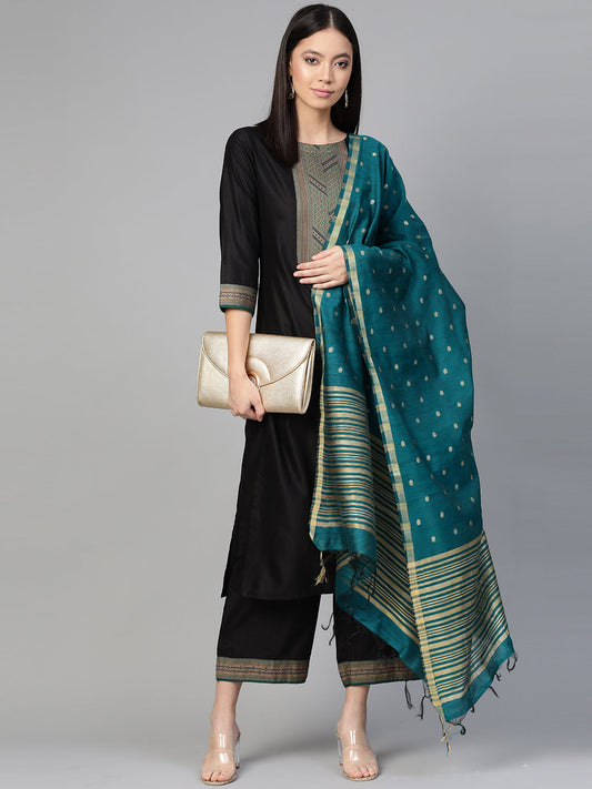 Indo Era Black Solid Straight Kurta Palazzo with Dupatta Set