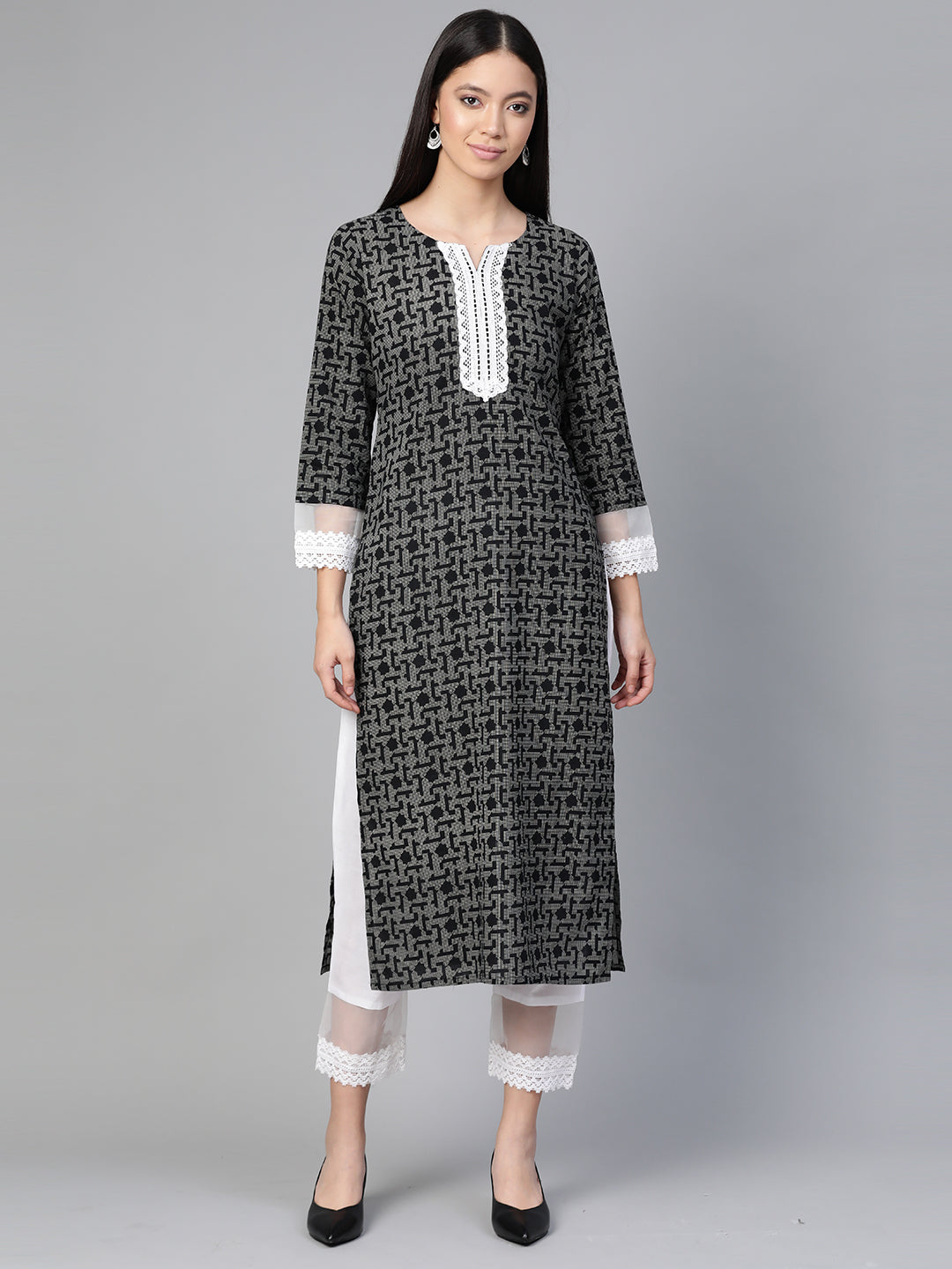 Indo Era Black Embellished Straight Kurtas