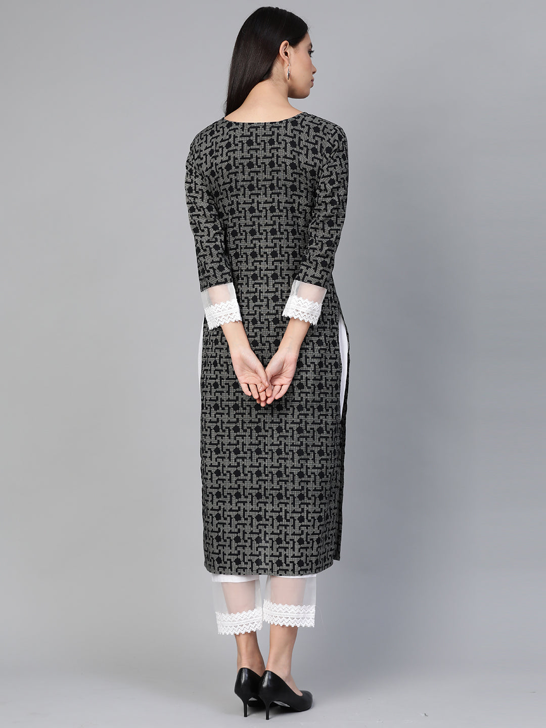 Indo Era Black Embellished Straight Kurtas