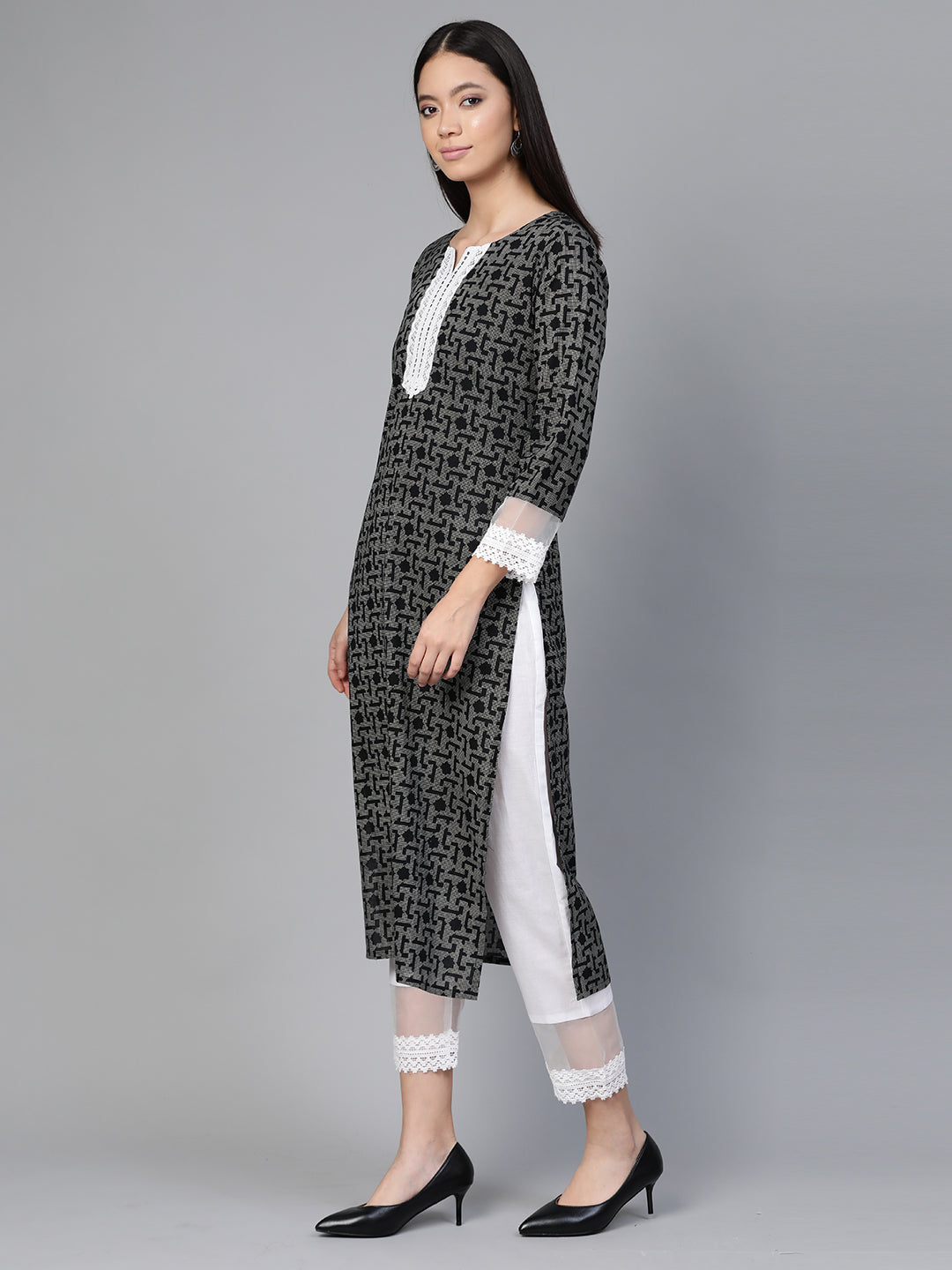 Indo Era Black Embellished Straight Kurtas