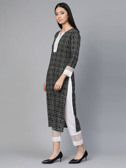 Indo Era Black Embellished Straight Kurtas