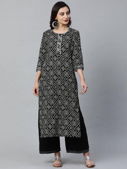Indo Era Black Printed Straight Kurtas