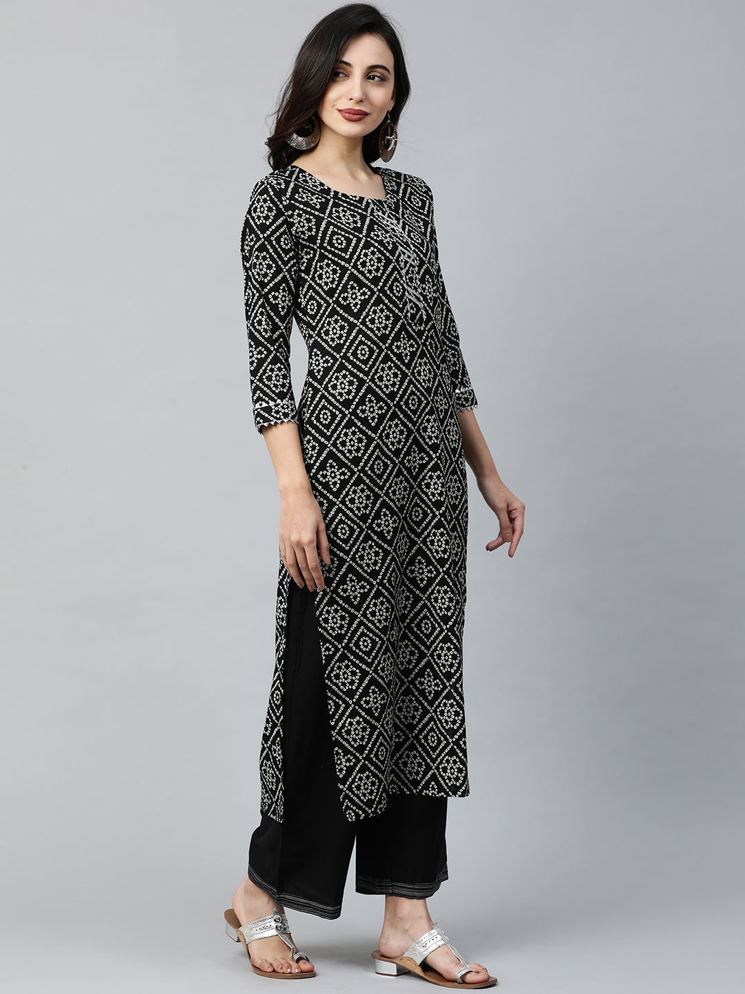 Indo Era Black Printed Straight Kurtas