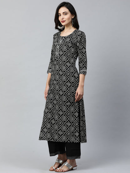 Indo Era Black Printed Straight Kurtas