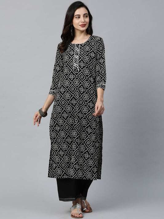 Indo Era Black Printed Straight Kurtas