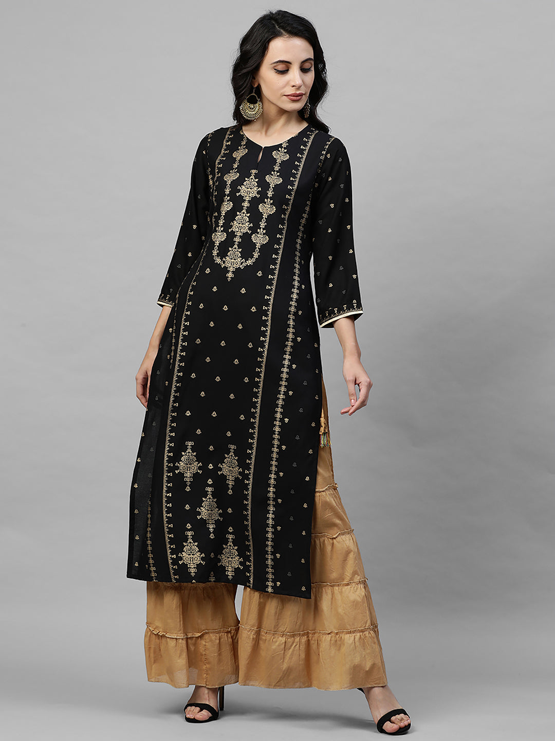 Indo Era Black Foil Printed Straight Kurtas